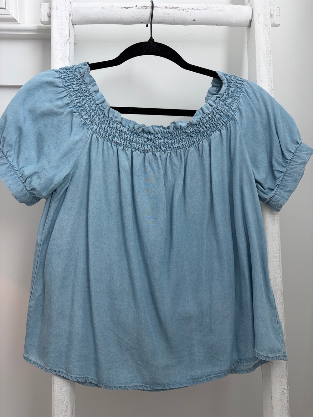 Light Blue chambray Smocked Neck Women's Top